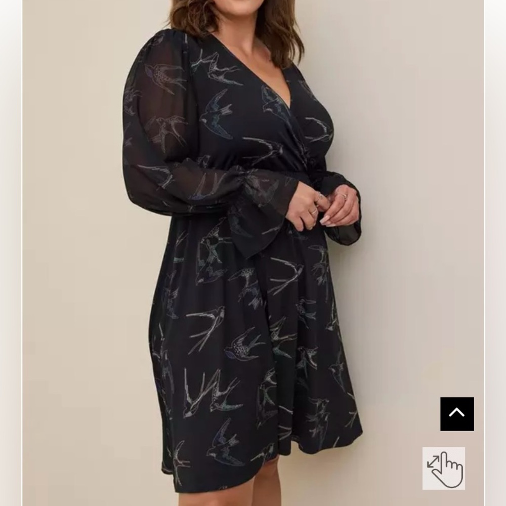 Torrid Black Swallow Bird Print Long Sleeve Babydoll Dress, Plus